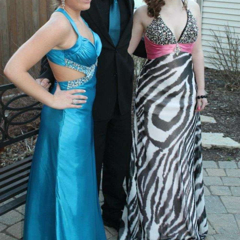 Floor length blue sequin dress